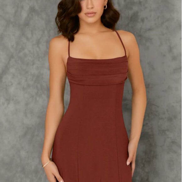 Azazie Aubrianna - Terracotta A-Line Pleated Luxe Knit Dress - Picture 5 of 9